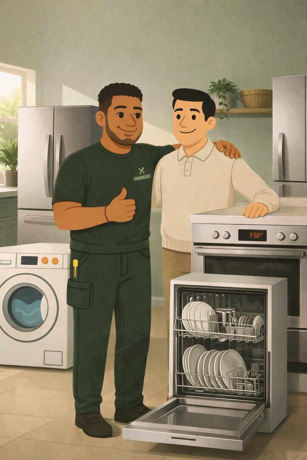 Illustration: Servicetechniker mit zufriedenem Kunden in der Küche neben Spülmaschine, Backofen und Kühlschrank